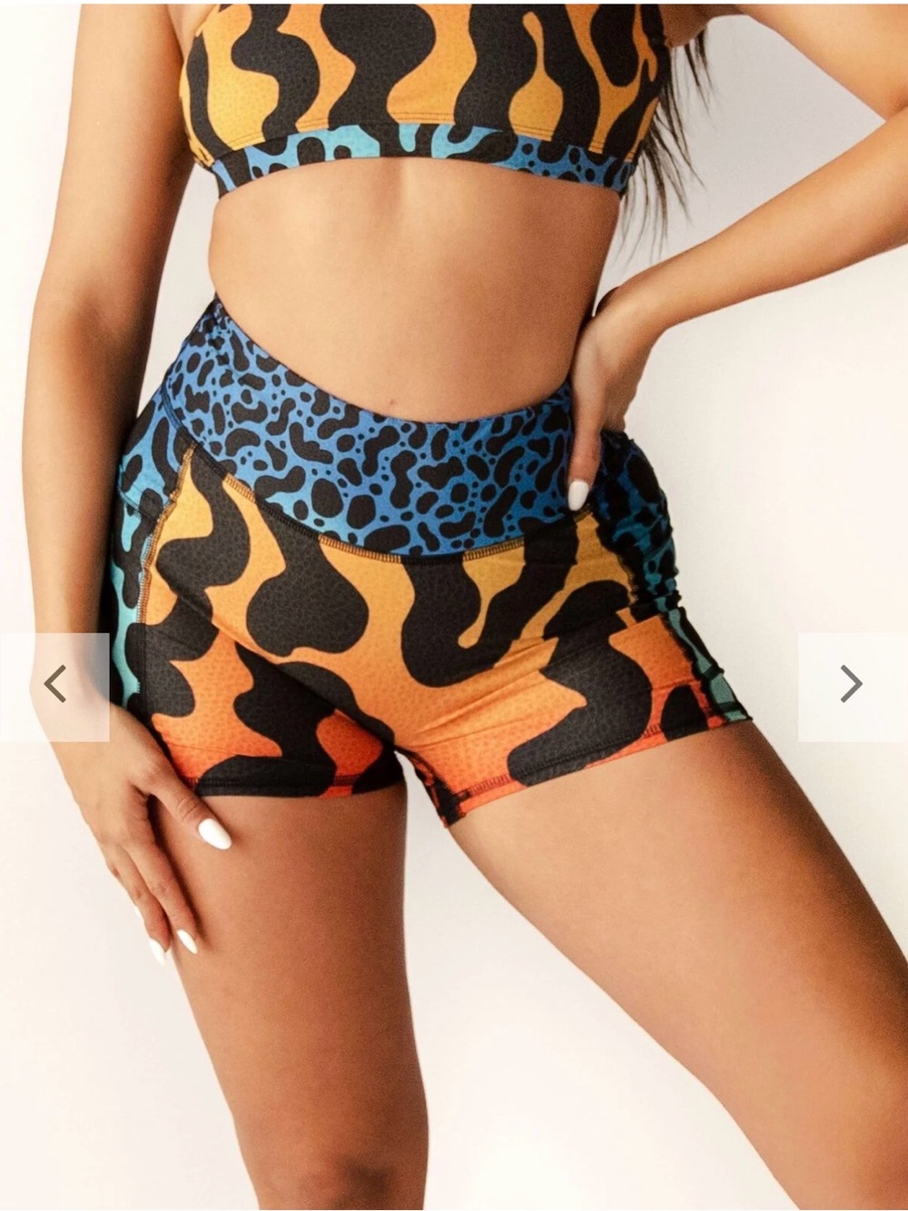 High-Rise Orange and Blue Animal-Print Athletic Shorts